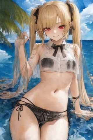 Twin tails, Watercolor painting, Small breasts, Grinning, Under boob, Masterpiece, See-through